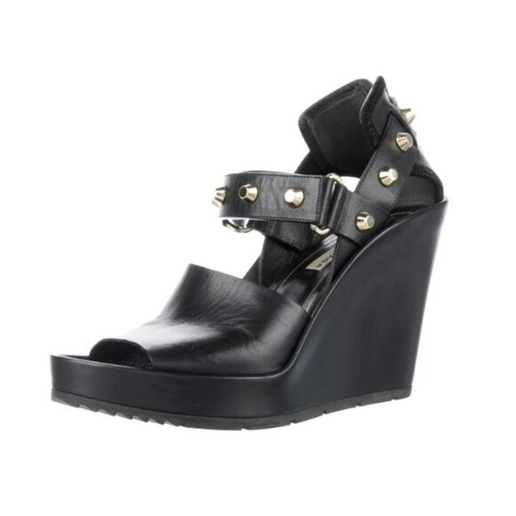 Balenciaga S Gomma High Heel Black Leather Gold Studded Sandals Wedges Size 38 - Picture 1 of 15